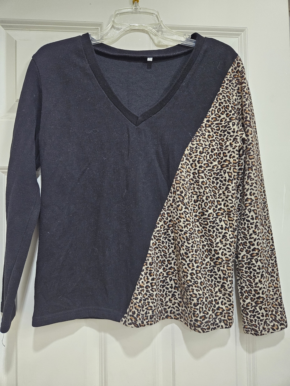 Women’s Black V-Neck Top with Leopard Print Panel